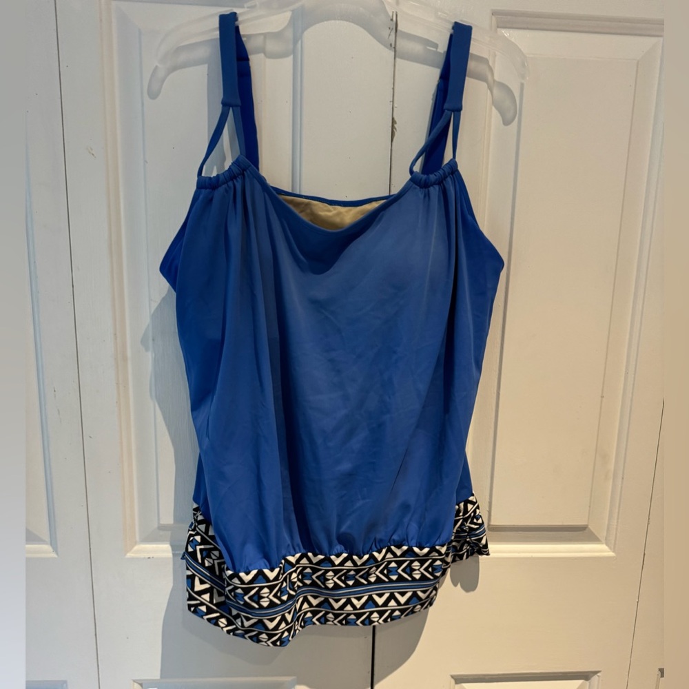 Swimsuits For All Blue Tankini Top with Geometric Trim and adjustable Straps